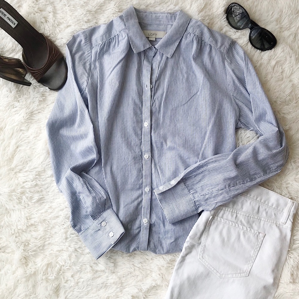 LOFT  blue/white stripe button down nautical top M